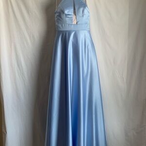 Elegant Light Blue Satin Prom Dress with Plunging Halter